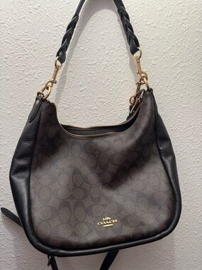 Coach Jules Brown and Black Signature Canvas Hobo with Braided Handle